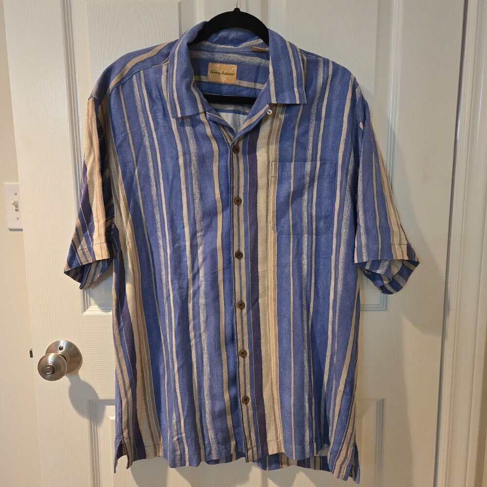 Tommy Bahama Silk Striped Button Down Shirt Short Sleeved Blue Yellow L